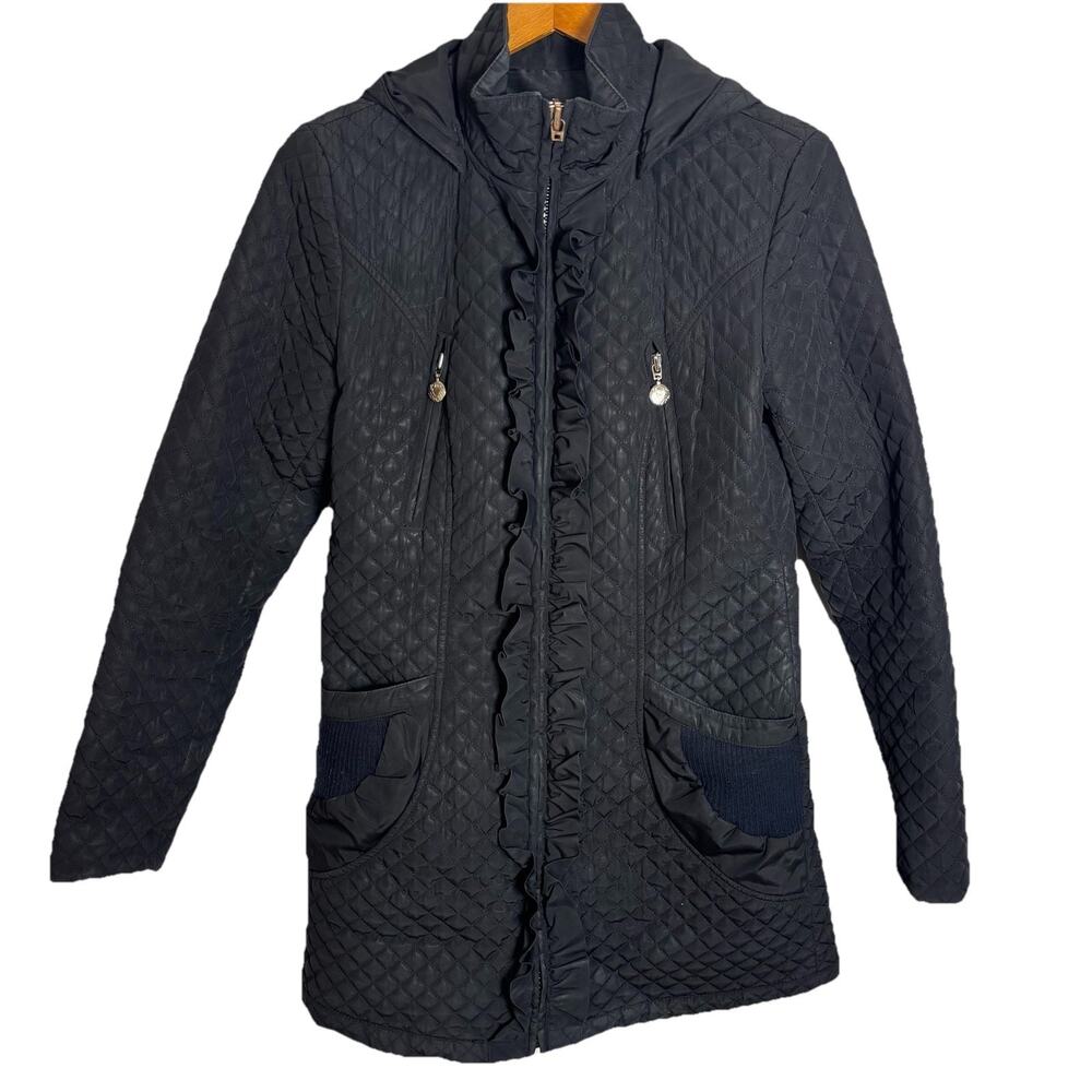 Betsey Johnson Coat Size S Quilted Ruffle Removable Hood Mid Length